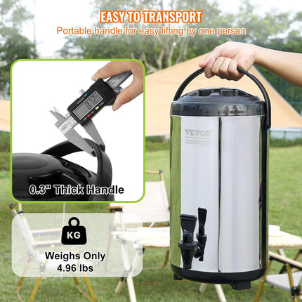 Stainless Steel Insulated Beverage Dispenser, 9.2 Liter, Thermal Hot and Cold Drink Server Dispenser with Spigot Handle, Food-grade for Hot Tea Coffee Water Restaurant Drink Shop.
