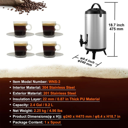 Stainless Steel Insulated Beverage Dispenser, 9.2 Liter, Thermal Hot and Cold Drink Server Dispenser with Spigot Handle, Food-grade for Hot Tea Coffee Water Restaurant Drink Shop.