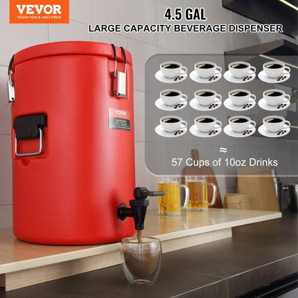 Stainless Steel Insulated Beverage Dispenser, 17.2 Liter, Thermal Hot and Cold Drink Server Dispenser with Spigot Handle, Food-grade for Hot Tea Coffee Water Restaurant Drink Shop.