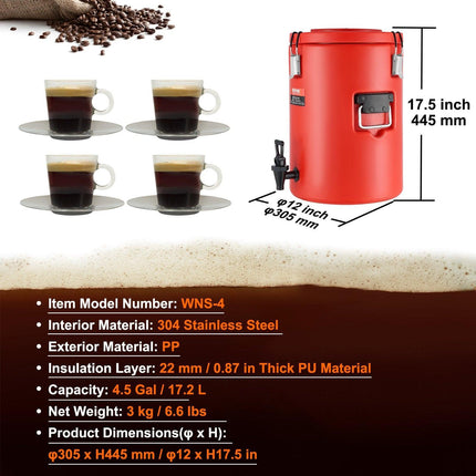 Stainless Steel Insulated Beverage Dispenser, 17.2 Liter, Thermal Hot and Cold Drink Server Dispenser with Spigot Handle, Food-grade for Hot Tea Coffee Water Restaurant Drink Shop.