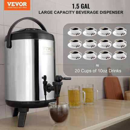 Stainless Steel Insulated Beverage Dispenser, 6 Liter, Thermal Hot and Cold Drink Server Dispenser with Spigot Handle, Food-grade for Hot Tea Coffee Water Restaurant Drink Shop.