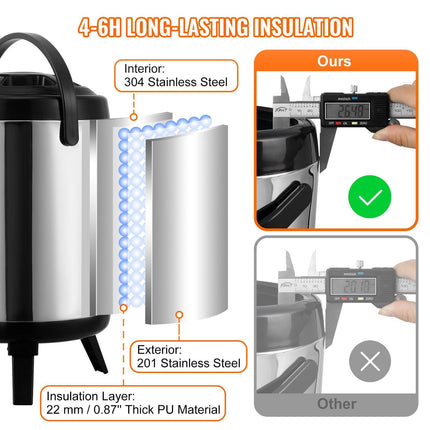 Stainless Steel Insulated Beverage Dispenser, 6 Liter, Thermal Hot and Cold Drink Server Dispenser with Spigot Handle, Food-grade for Hot Tea Coffee Water Restaurant Drink Shop.