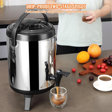 Stainless Steel Insulated Beverage Dispenser, 6 Liter, Thermal Hot and Cold Drink Server Dispenser with Spigot Handle, Food-grade for Hot Tea Coffee Water Restaurant Drink Shop.