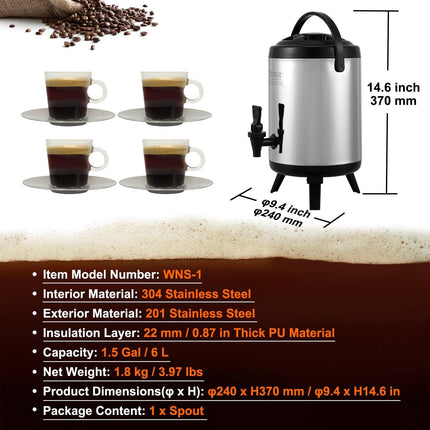 Stainless Steel Insulated Beverage Dispenser, 6 Liter, Thermal Hot and Cold Drink Server Dispenser with Spigot Handle, Food-grade for Hot Tea Coffee Water Restaurant Drink Shop.