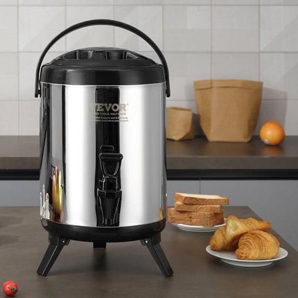 Stainless Steel Insulated Beverage Dispenser, 6 Liter, Thermal Hot and Cold Drink Server Dispenser with Spigot Handle, Food-grade for Hot Tea Coffee Water Restaurant Drink Shop.