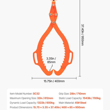32in Log Lifting Tongs, 2-Claw Log Tongs, Heavy Duty Steel Log Grapple, 1543LBS Lifting Capacity, Swivel Log Graper Timber, Eagle Claw Design, Log Skidding Tongs for Trucks, Tractors, Forklifts.
