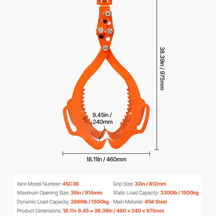 36in Log Lifting Tongs, 4-Claw Log Tongs, Heavy Duty Steel Log Grapple, 3300LBS Lifting Capacity, Swivel Log Graper Timber, Eagle Claw Design, Log Skidding Tongs for Trucks, Tractors, Forklifts.
