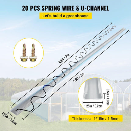 Spring Wire and Lock Channel,2 m Spring Lock & U-Channel Bundle for Greenhouse, 20 Packs PE Coated Spring Wire & Aluminum Alloy Channel, Plastic Poly Film or Shade Cloth Attachment with Screw.