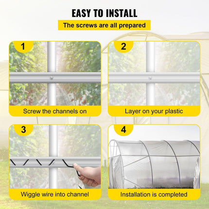 Spring Wire and Lock Channel,2 m Spring Lock & U-Channel Bundle for Greenhouse, 20 Packs PE Coated Spring Wire & Aluminum Alloy Channel, Plastic Poly Film or Shade Cloth Attachment with Screw.