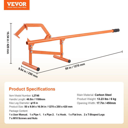 Timberjack, 46.5 in, Heavy Duty Steel Log Lifter, Log Roller with Adjustable Cant Hook, Logging Tools Log Jack for Logs Ups to 15" Dia, Timber Jack for Rolling Cutting Lifting Logs.