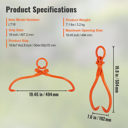 Log Skidding Tongs, 18 inch 2 Claw Log Lifting Tongs, Heavy Duty Steel Lumber Skidding Tongs, 772 lbs/350 kg Loading Capacity, Log Lifting, Handling, Dragging & Carrying Tool.