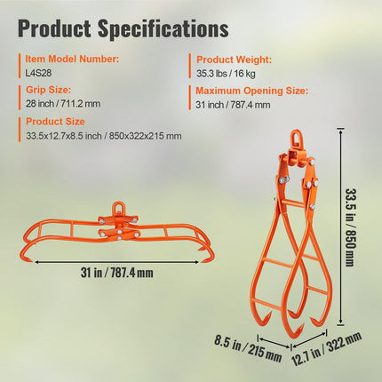 Timber Claw Hook, 28 inch 4 Claw Log Grapple for Logging Tongs, Swivel Steel Log Lifting Tongs, Eagle Claws Design with 2205 lbs/1000 kg Loading Capacity for Tractors, ATVs, Trucks, Forklifts.