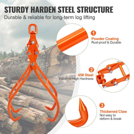 Timber Claw Hook, 36 inch 4 Claw Log Grapple for Logging Tongs, Swivel Steel Log Lifting Tongs, Eagle Claws Design with 3307 lbs/1500 kg Loading Capacity for Tractors, ATVs, Trucks, Forklifts.