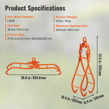 Timber Claw Hook, 36 inch 4 Claw Log Grapple for Logging Tongs, Swivel Steel Log Lifting Tongs, Eagle Claws Design with 3307 lbs/1500 kg Loading Capacity for Tractors, ATVs, Trucks, Forklifts.