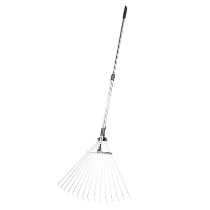 Leaf Rake, 15 Metal Tines, Adjustable Garden Rake for Lawns with 19-57 cm Wide Head and 81.3-160 cm Long Handle, Heavy Duty Stainless Steel Small Leaves Tool for Gardening Camping Yard Grass.