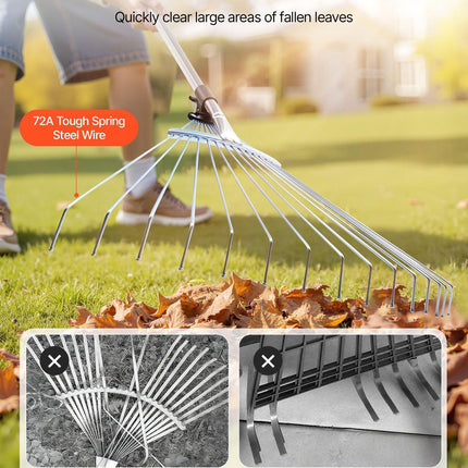 Leaf Rake, 15 Metal Tines, Adjustable Garden Rake for Lawns with 19-57 cm Wide Head and 81.3-160 cm Long Handle, Heavy Duty Stainless Steel Small Leaves Tool for Gardening Camping Yard Grass.