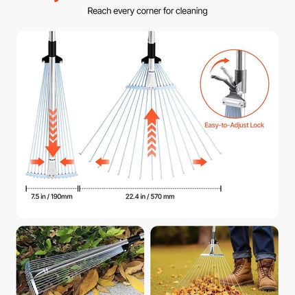 Leaf Rake, 15 Metal Tines, Adjustable Garden Rake for Lawns with 19-57 cm Wide Head and 81.3-160 cm Long Handle, Heavy Duty Stainless Steel Small Leaves Tool for Gardening Camping Yard Grass.