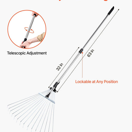 Leaf Rake, 15 Metal Tines, Adjustable Garden Rake for Lawns with 19-57 cm Wide Head and 81.3-160 cm Long Handle, Heavy Duty Stainless Steel Small Leaves Tool for Gardening Camping Yard Grass.