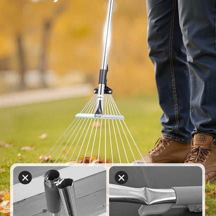 Leaf Rake, 15 Metal Tines, Adjustable Garden Rake for Lawns with 19-57 cm Wide Head and 81.3-160 cm Long Handle, Heavy Duty Stainless Steel Small Leaves Tool for Gardening Camping Yard Grass.