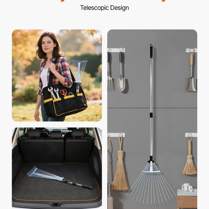 Leaf Rake, 15 Metal Tines, Adjustable Garden Rake for Lawns with 19-57 cm Wide Head and 81.3-160 cm Long Handle, Heavy Duty Stainless Steel Small Leaves Tool for Gardening Camping Yard Grass.