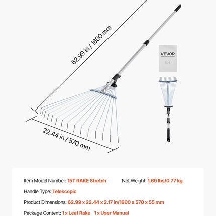 Leaf Rake, 15 Metal Tines, Adjustable Garden Rake for Lawns with 19-57 cm Wide Head and 81.3-160 cm Long Handle, Heavy Duty Stainless Steel Small Leaves Tool for Gardening Camping Yard Grass.