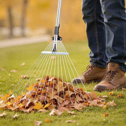 Leaf Rake, 15 Metal Tines, Adjustable Garden Rake for Lawns with 19-57 cm Wide Head and 81.3-160 cm Long Handle, Heavy Duty Stainless Steel Small Leaves Tool for Gardening Camping Yard Grass.