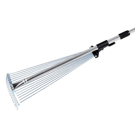 Leaf Rake, 15 Metal Tines, Adjustable Garden Rake for Lawns with 19-57 cm Wide Head and 81.3-160 cm Long Handle, Heavy Duty Stainless Steel Small Leaves Tool for Gardening Camping Yard Grass.