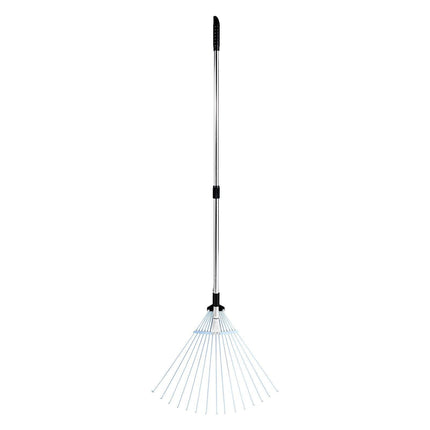 Leaf Rake, 15 Metal Tines, Adjustable Garden Rake for Lawns with 19-57 cm Wide Head and 81.3-160 cm Long Handle, Heavy Duty Stainless Steel Small Leaves Tool for Gardening Camping Yard Grass.