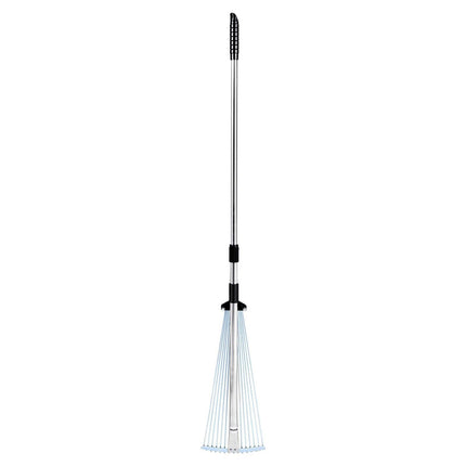 Leaf Rake, 15 Metal Tines, Adjustable Garden Rake for Lawns with 19-57 cm Wide Head and 81.3-160 cm Long Handle, Heavy Duty Stainless Steel Small Leaves Tool for Gardening Camping Yard Grass.