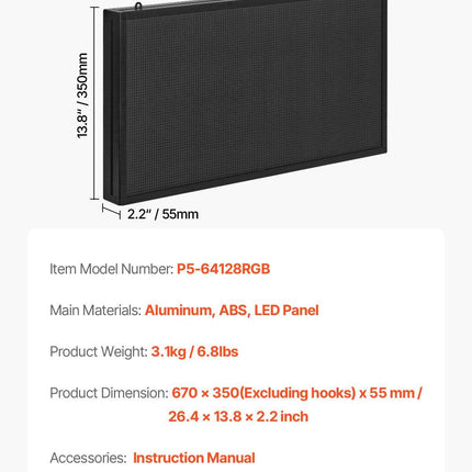 27x14in Programmable LED Sign Digital Scrolling Display Board P5 Fullcolor.