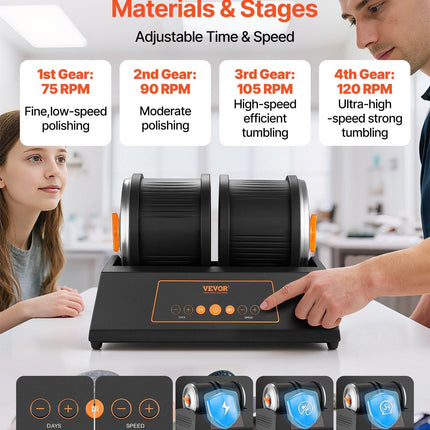 Rock Tumbler Kit, 8 lbs Rock Polishing Kit, 4 Speed Settings 9-Day Polishing Timer Stone Polishing Kit, Double Barrel Rock Polisher with Adapter, Rock Polisher for Adults and Kids.