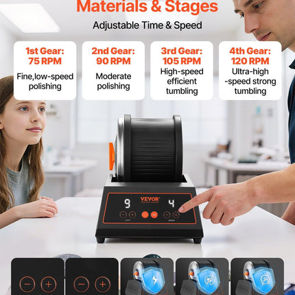 Rock Tumbler Kit, 4lbs Rock Polishing Kit, 4 Speed Settings 9-Day Polishing Timer Stone Polishing Kit, Belt-Free Rock Polisher with Adapter & Overload Protection, Rock Polisher for Adults Kids.