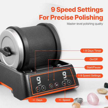 Rock Tumbler Kit, 2.5 lbs Rock Polishing Kit, 9 Speed Settings 9-Day Polishing Timer Stone Polishing Kit, Rock Polisher with Rough Gemstones and Polishing Grits, Rock Polisher for Kids Adults.