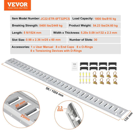 VEVOR E Track Tie-Down Rail Kit, 24PCS 1524 mm E-Tracks Set Includes 8 Steel Rails & 8 O-Rings & 8 Tie-Offs with D-Ring, Versatile Trailer Securing Accessories for Cargo Motorcycles Bikes, 816 kg Load.