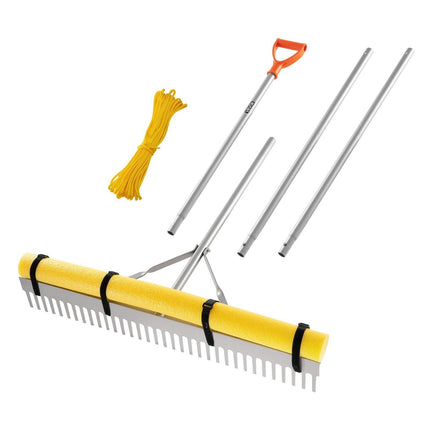 Landscape Rake, 914 mm Wide Head 2590 mm Handle, Large Heavy Duty Aluminum Landscaping Leaf Rake Tool, Asphalt Level for Loosening Soil, Garden & Yard, Pond Gravel & Beach Lawn Care, 15.8m Rope.
