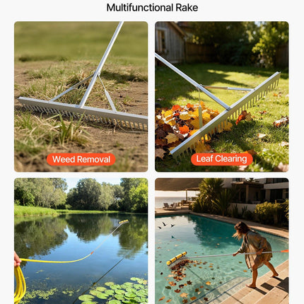 Landscape Rake, 914 mm Wide Head 2590 mm Handle, Large Heavy Duty Aluminum Landscaping Leaf Rake Tool, Asphalt Level for Loosening Soil, Garden & Yard, Pond Gravel & Beach Lawn Care, 15.8m Rope.