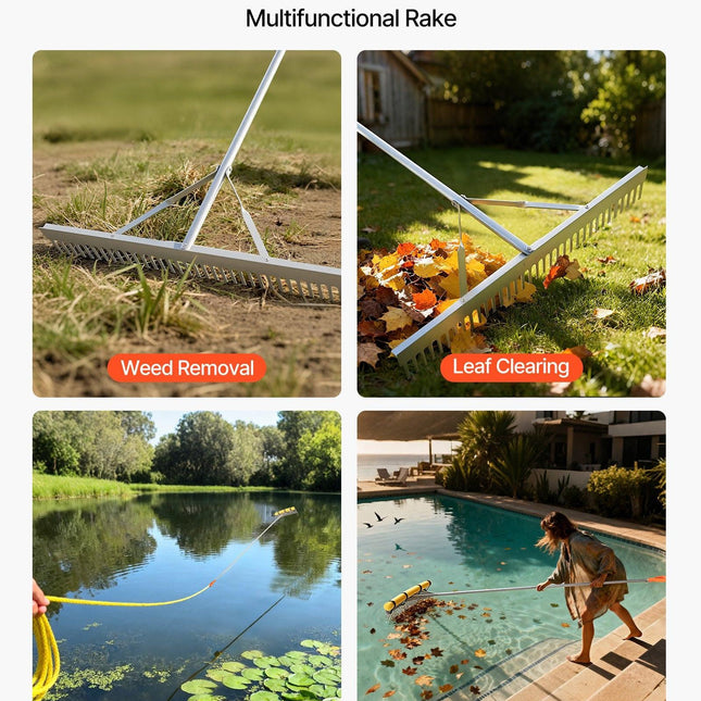 Landscape Rake, 914 mm Wide Head 2590 mm Handle, Large Heavy Duty Aluminum Landscaping Leaf Rake Tool, Asphalt Level for Loosening Soil, Garden & Yard, Pond Gravel & Beach Lawn Care, 15.8m Rope.