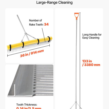 Landscape Rake, 914 mm Wide Head 2590 mm Handle, Large Heavy Duty Aluminum Landscaping Leaf Rake Tool, Asphalt Level for Loosening Soil, Garden & Yard, Pond Gravel & Beach Lawn Care, 15.8m Rope.