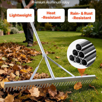 Landscape Rake, 914 mm Wide Head 2590 mm Handle, Large Heavy Duty Aluminum Landscaping Leaf Rake Tool, Asphalt Level for Loosening Soil, Garden & Yard, Pond Gravel & Beach Lawn Care, 15.8m Rope.