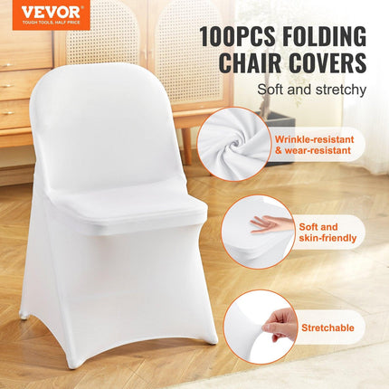 Stretch Spandex Folding Chair Covers, Universal Fitted Chair Cover, Removable Washable Protective Slipcovers, for Wedding, Holiday, Banquet, Party, Celebration, Dining (100PCS White).