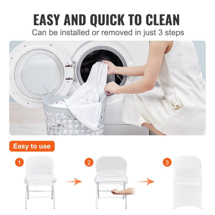 Stretch Spandex Folding Chair Covers, Universal Fitted Chair Cover, Removable Washable Protective Slipcovers, for Wedding, Holiday, Banquet, Party, Celebration, Dining (100PCS White).