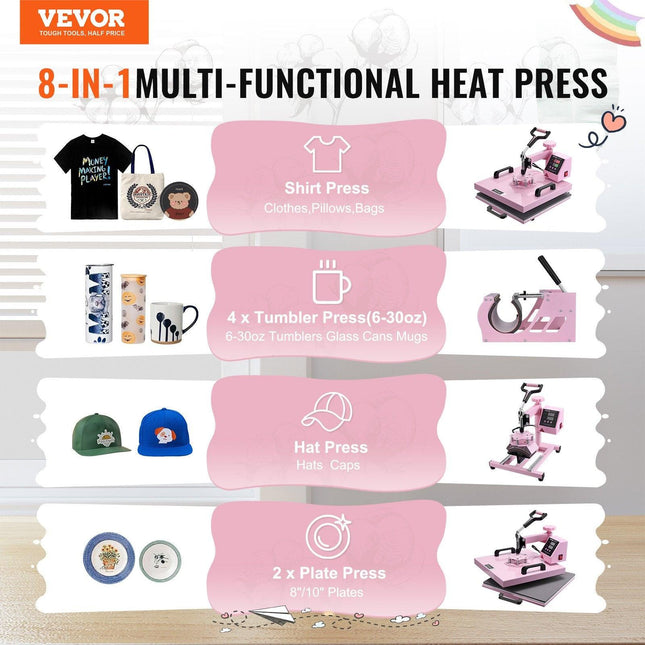 VEVOR Heat Press Machine, 15 x 15 inch, 5 in 1 Heat Transfer Machine with 30 oz Tumbler Press, 360° Swing Away T-Shirt Pressing, Digital Precise Control, for T-Shirts/Mugs/Hats/Plates, Pink.