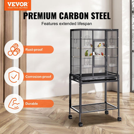 54 inch Standing Large Bird Cage, Carbon Steel Flight Bird Cage for Parakeets, Cockatiels, Parrots, Macaw with Rolling Stand and Tray.