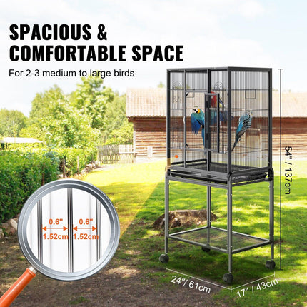 54 inch Standing Large Bird Cage, Carbon Steel Flight Bird Cage for Parakeets, Cockatiels, Parrots, Macaw with Rolling Stand and Tray.