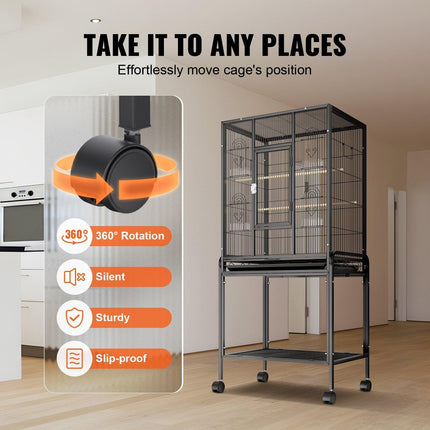 54 inch Standing Large Bird Cage, Carbon Steel Flight Bird Cage for Parakeets, Cockatiels, Parrots, Macaw with Rolling Stand and Tray.