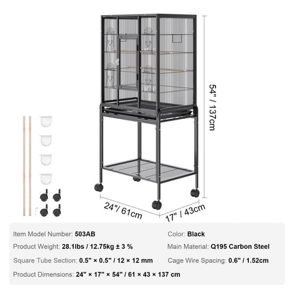 54 inch Standing Large Bird Cage, Carbon Steel Flight Bird Cage for Parakeets, Cockatiels, Parrots, Macaw with Rolling Stand and Tray.