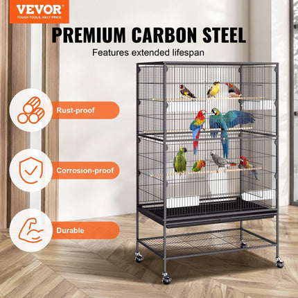 52 inch Standing Large Bird Cage, Carbon Steel Flight Bird Cage for Parakeets, Cockatiels, Parrots, Macaw with Rolling Stand and Tray.