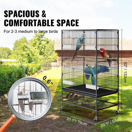 52 inch Standing Large Bird Cage, Carbon Steel Flight Bird Cage for Parakeets, Cockatiels, Parrots, Macaw with Rolling Stand and Tray.