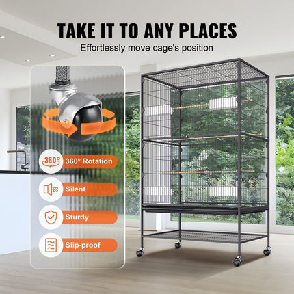 52 inch Standing Large Bird Cage, Carbon Steel Flight Bird Cage for Parakeets, Cockatiels, Parrots, Macaw with Rolling Stand and Tray.