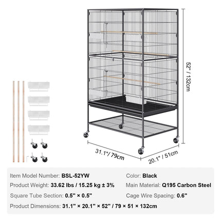 52 inch Standing Large Bird Cage, Carbon Steel Flight Bird Cage for Parakeets, Cockatiels, Parrots, Macaw with Rolling Stand and Tray.